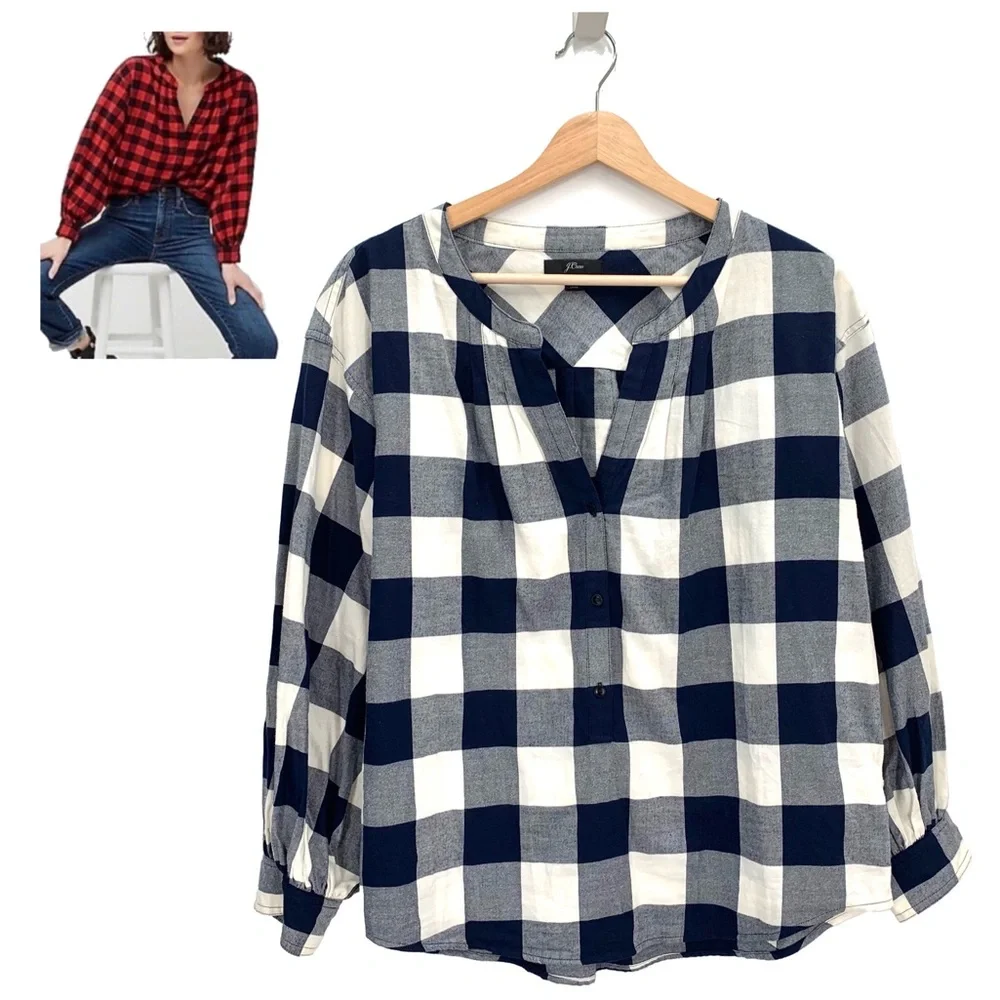 J. Crew Navy Blue White Flannel Open V Neck Long Sleeve Shirt Top Size Small